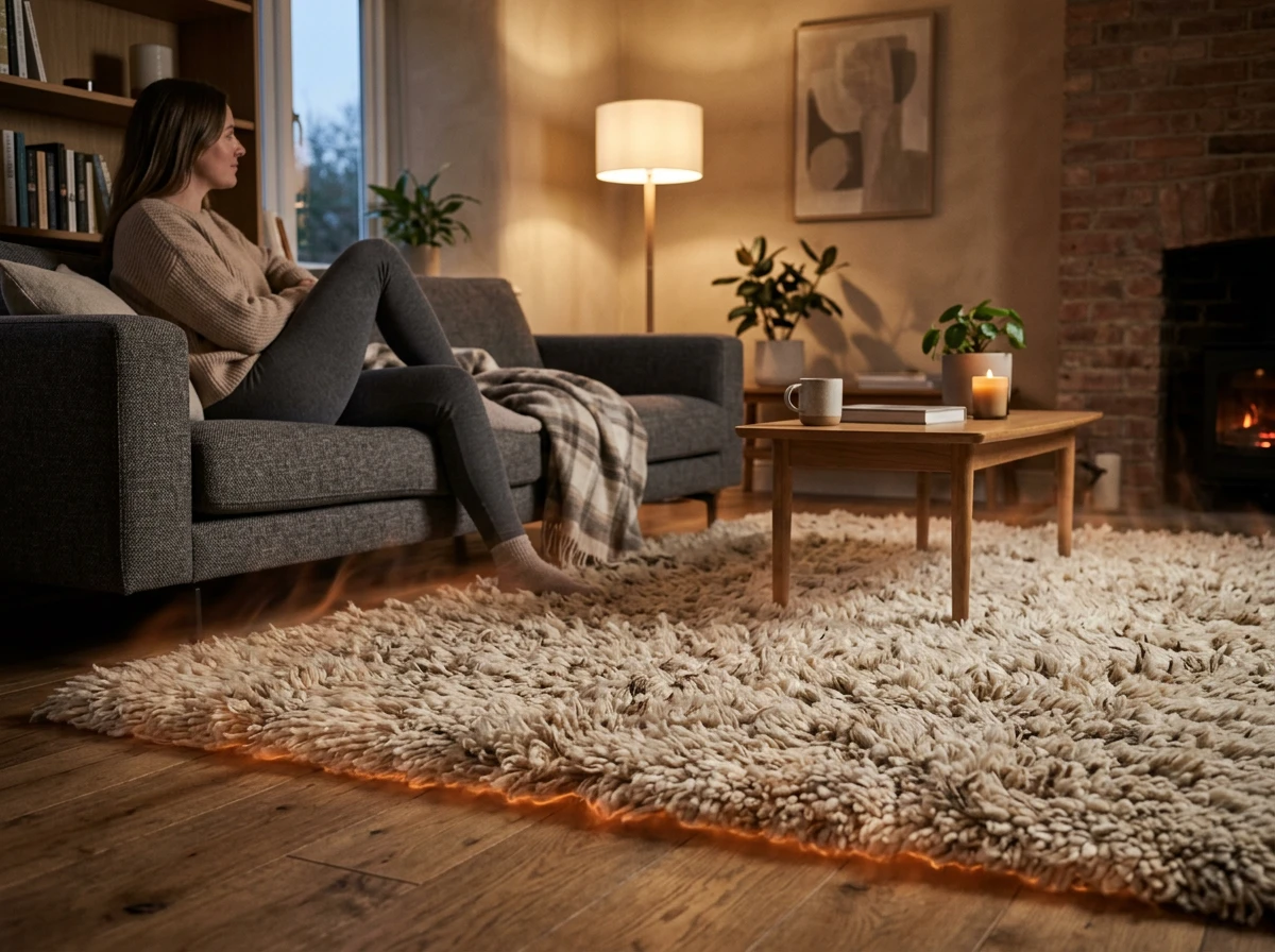 A thick rug blocking heat from an electric radiant floor heating system in a cozy living room.