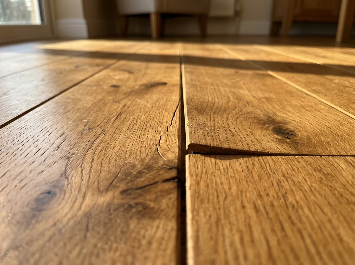 Close up of wooden floor planks damaged by heat from a radiant floor heating system.