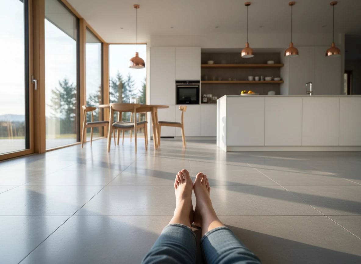 Bare feet relaxing on tiled floor with a radiant floor heating systems setup.