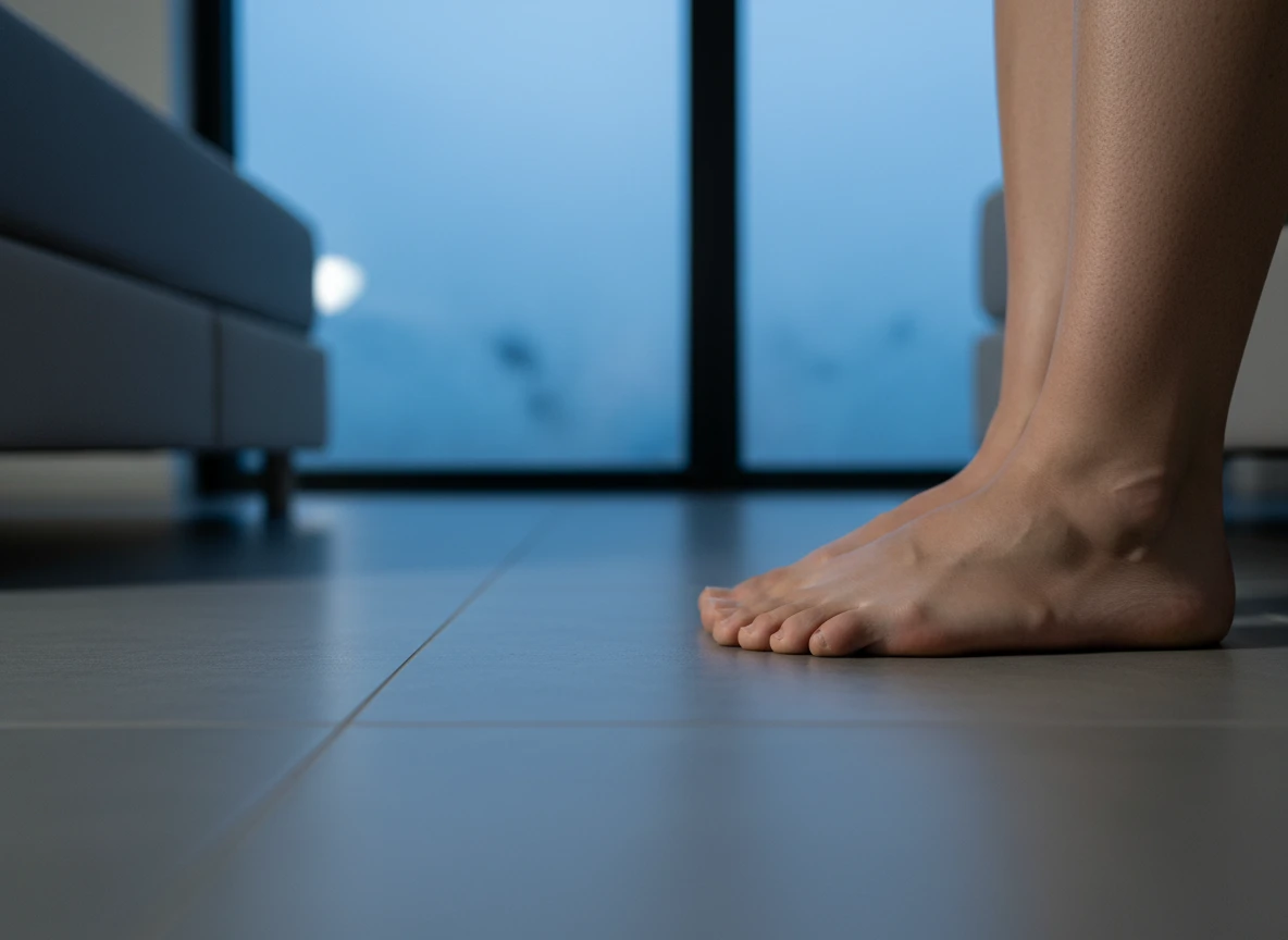 Bare feet standing on cold tile flooring connected to an underfloor heating system that is slow to warm.
