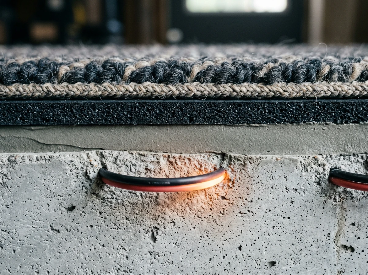 Cross-section showing electric underfloor heating wires embedded in concrete below a floor heating mat and carpet.