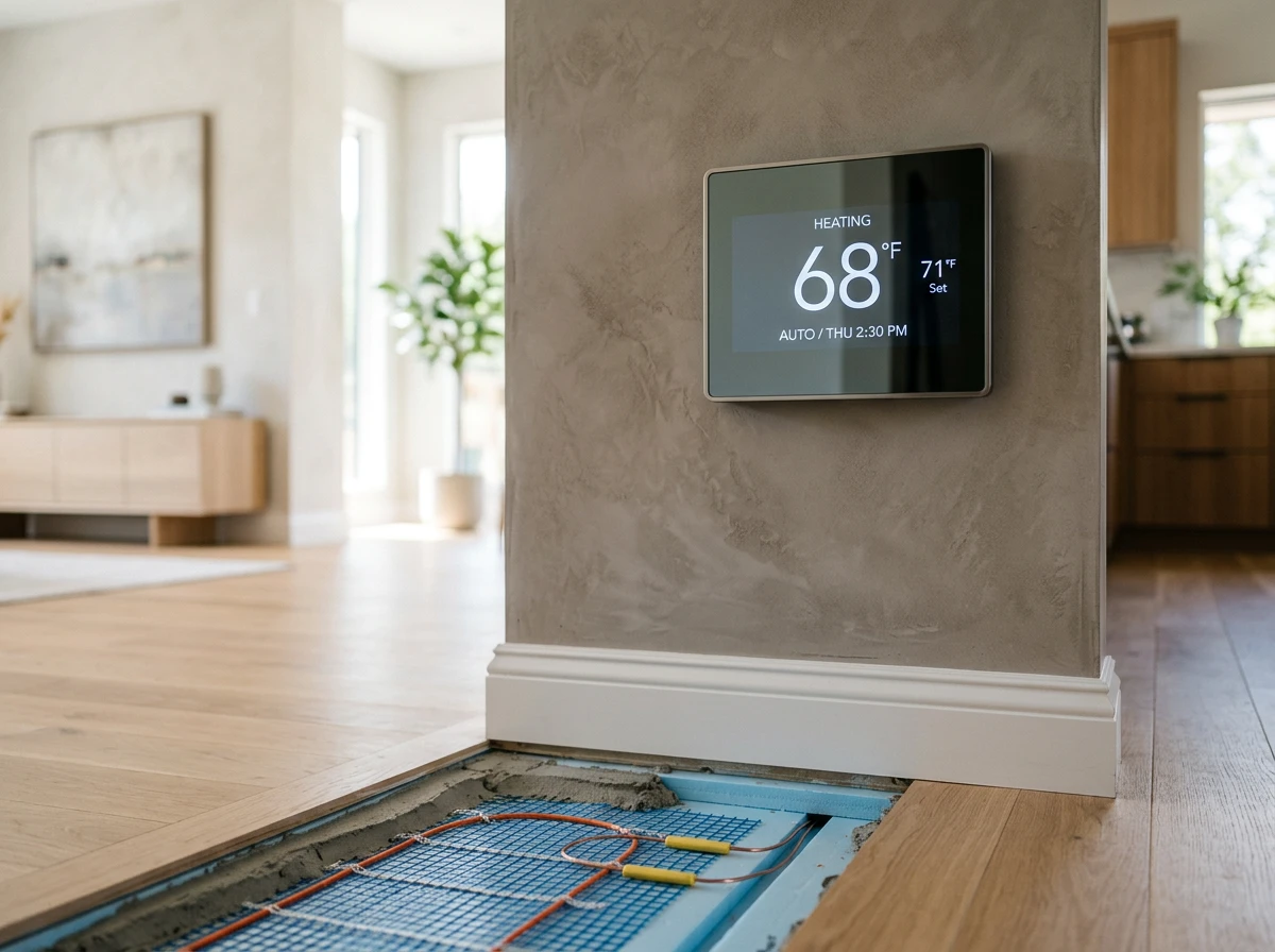 A modern digital thermostat on a wall displaying temperature for electric radiant floor heating systems in a home.