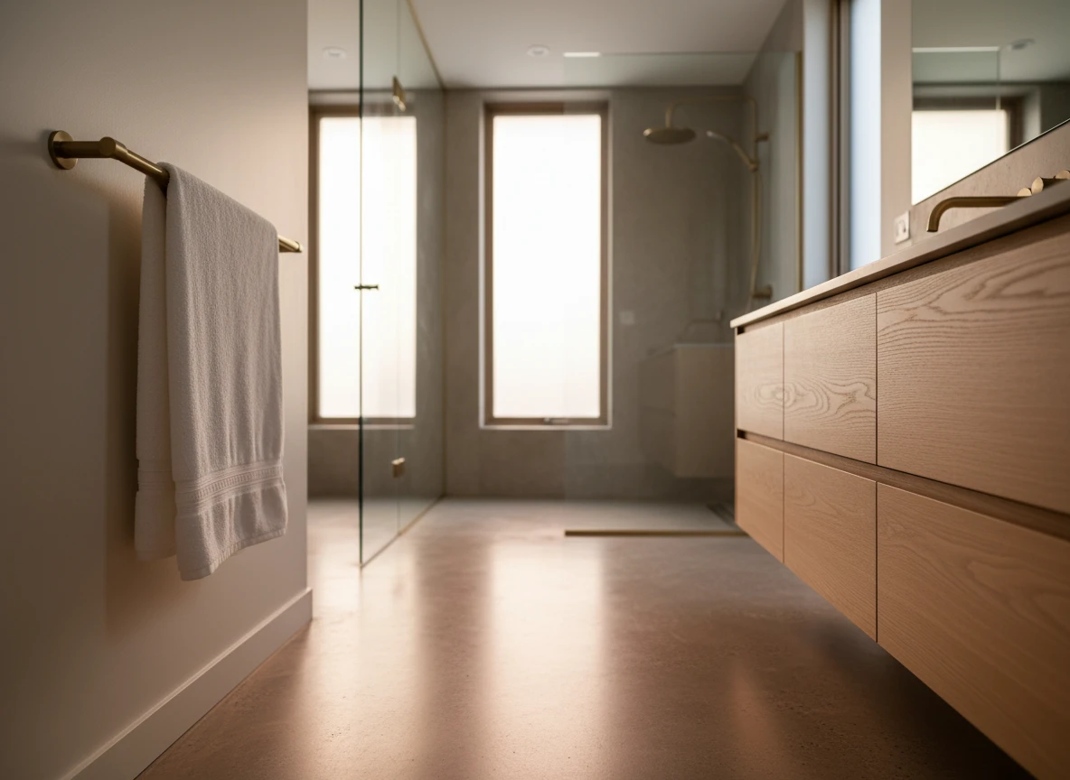 Modern bathroom with electric floor heating systems providing warmth to the tile floor.