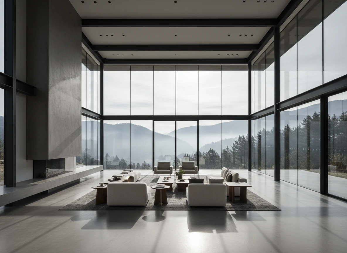 Spacious luxury living room with large glass windows and heated concrete floors powered by efficient home heating solutions.