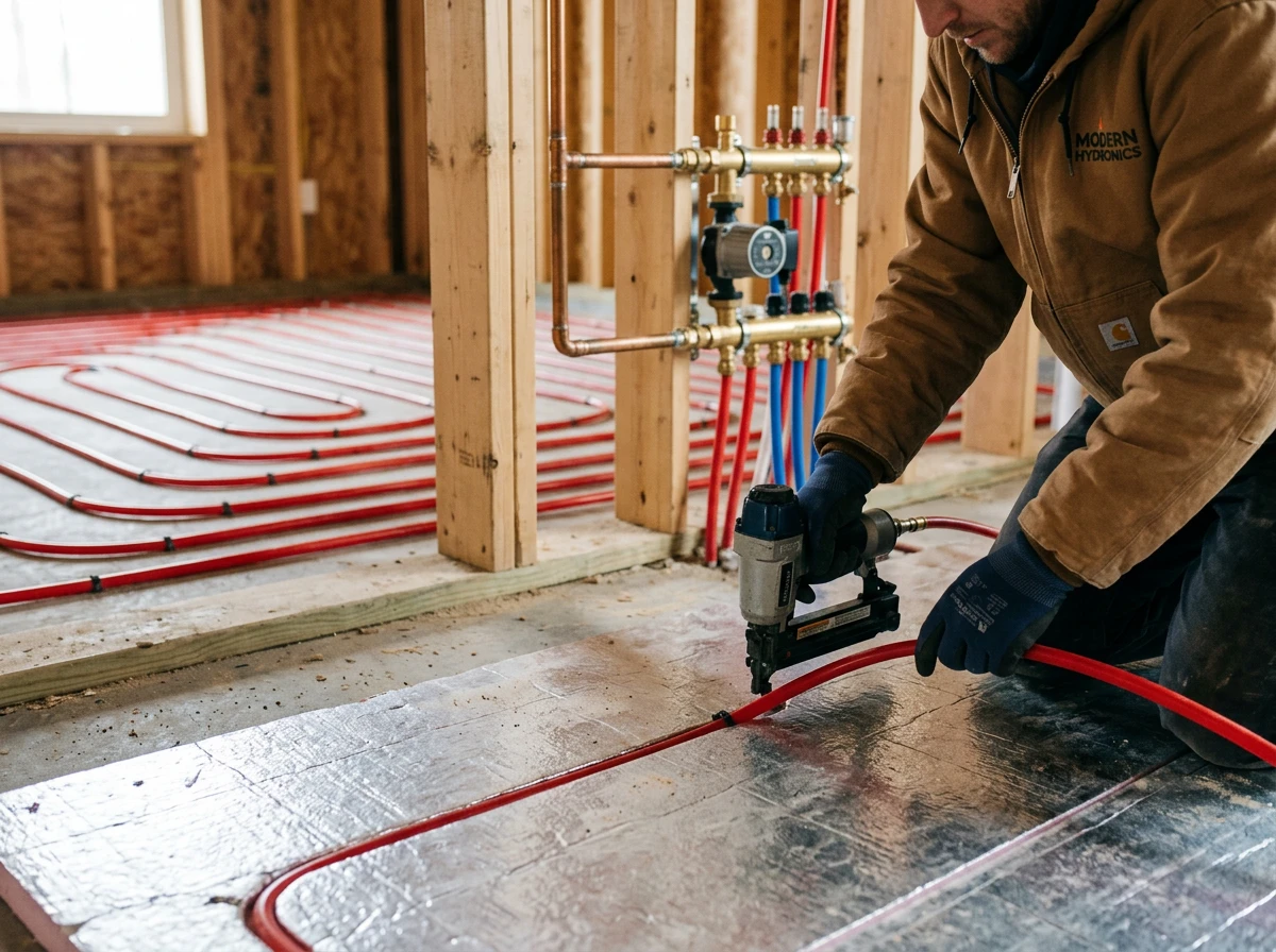 A technician installing red hydronic pipes subfloor for an energy efficient floor heating system.