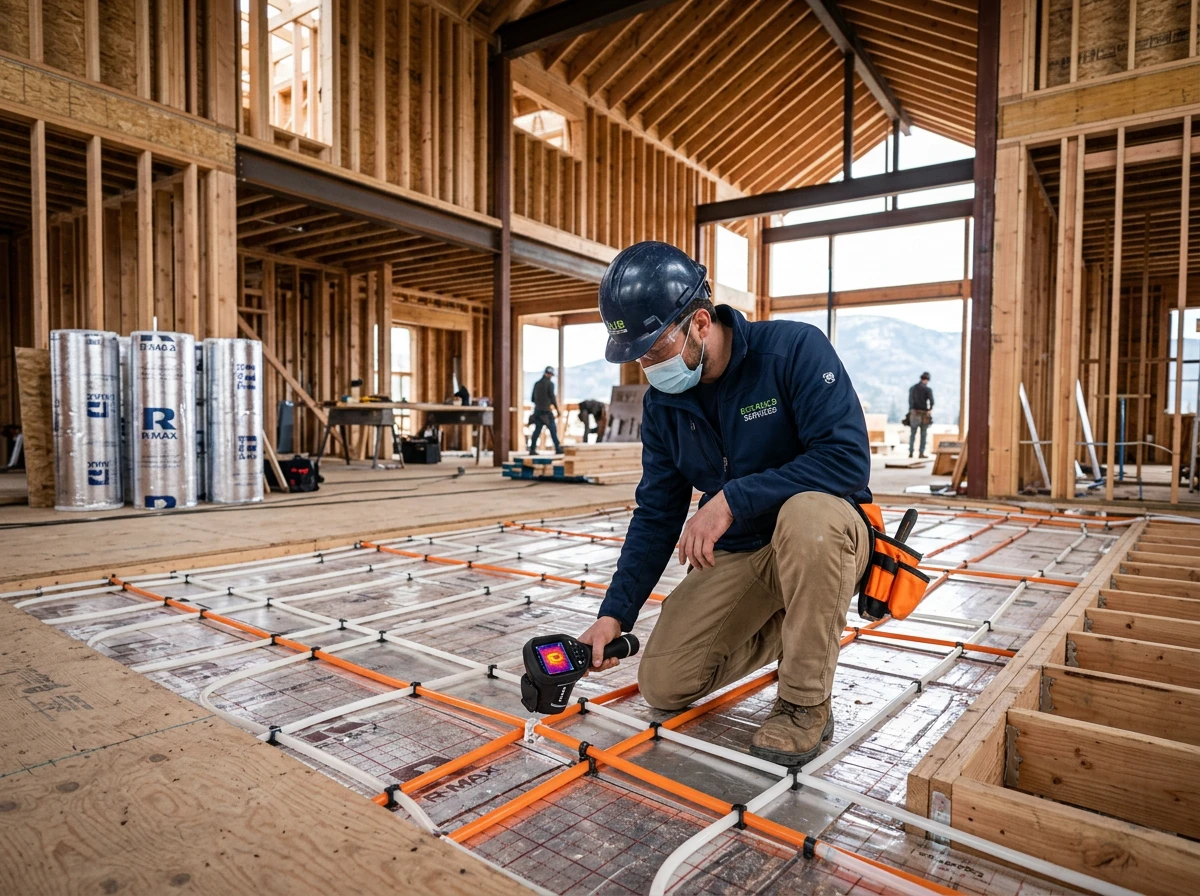 Inspector checking a water based underfloor heating system grid with a thermal camera during construction.