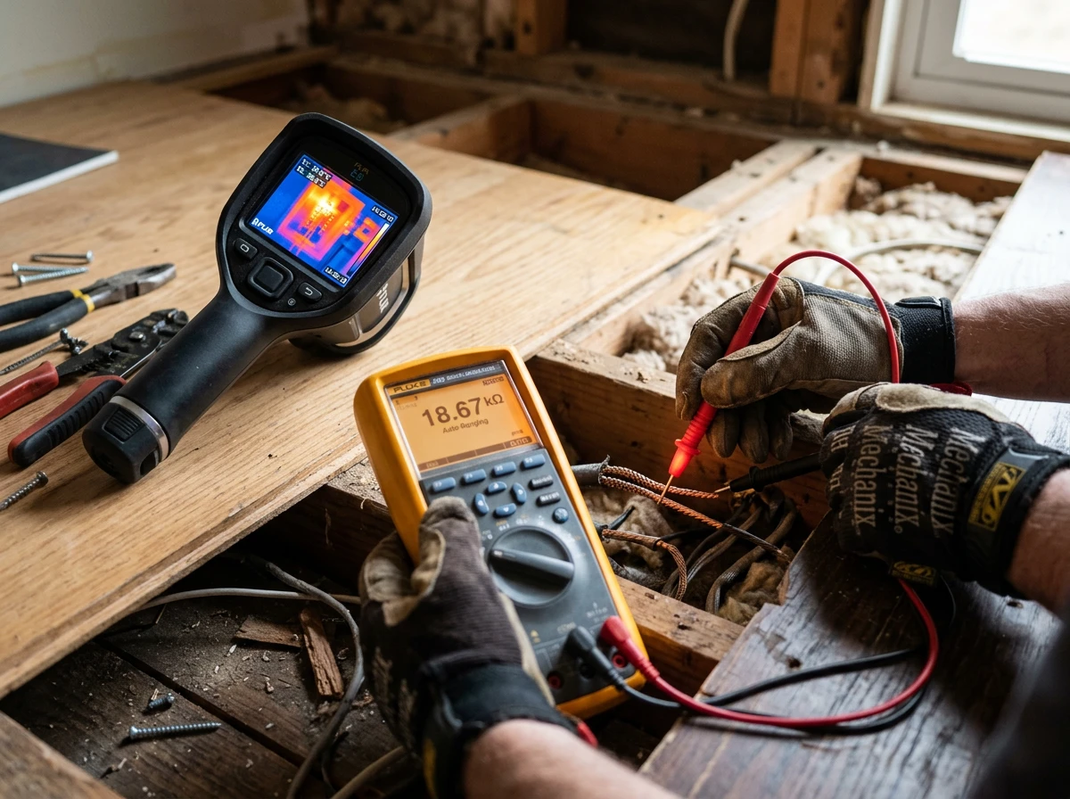A technician testing electric floor heating systems using a digital multimeter and thermal camera.