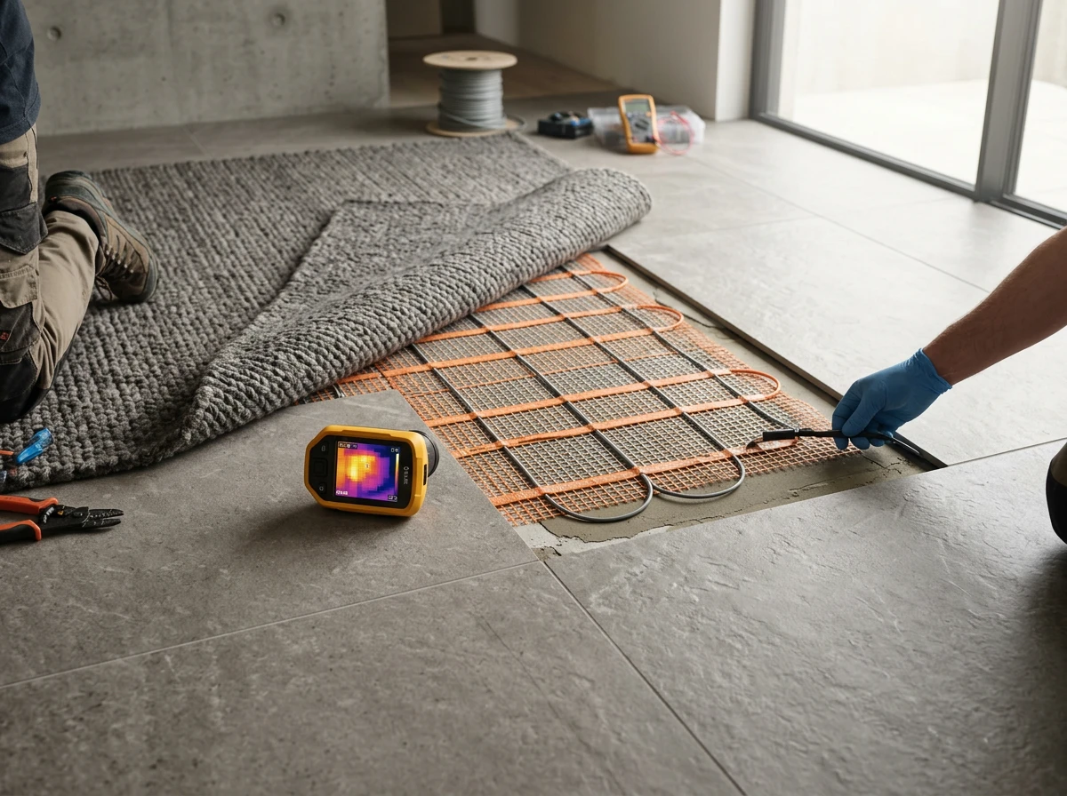 An installer inspecting an electric underfloor heating system beneath tiled flooring and a rug.