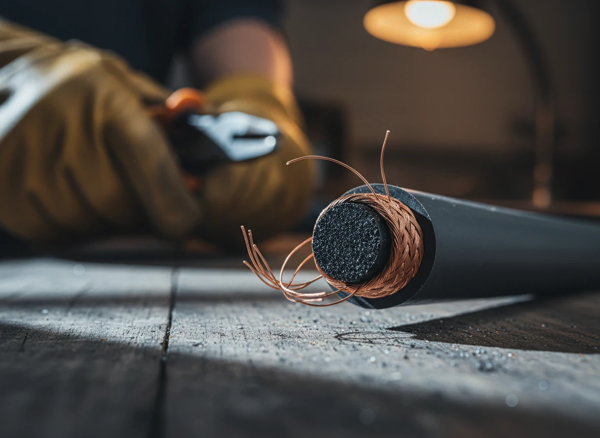 Close-up of a cut self regulating heating cable showing internal wiring and protective layers on a workbench.