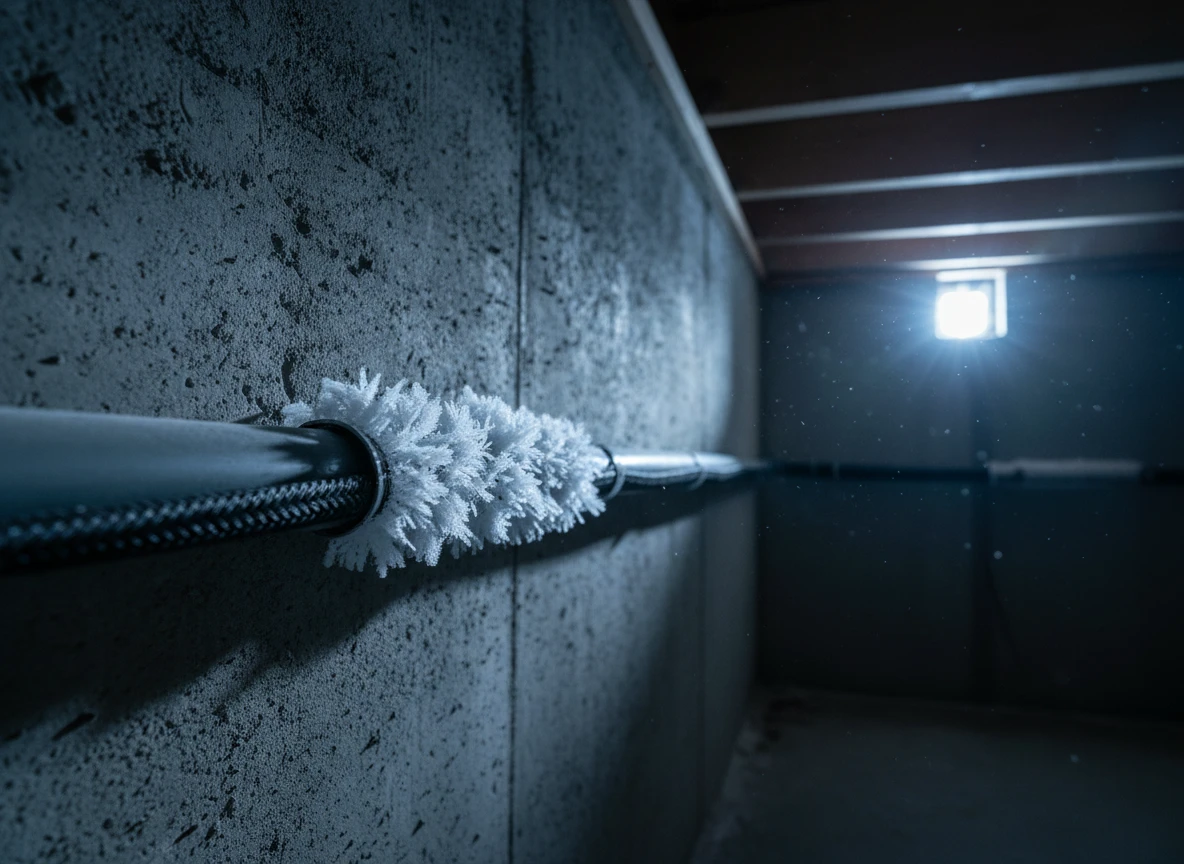 Heavy frost covering self regulating heat trace on a basement pipe where electric floor heating systems fail