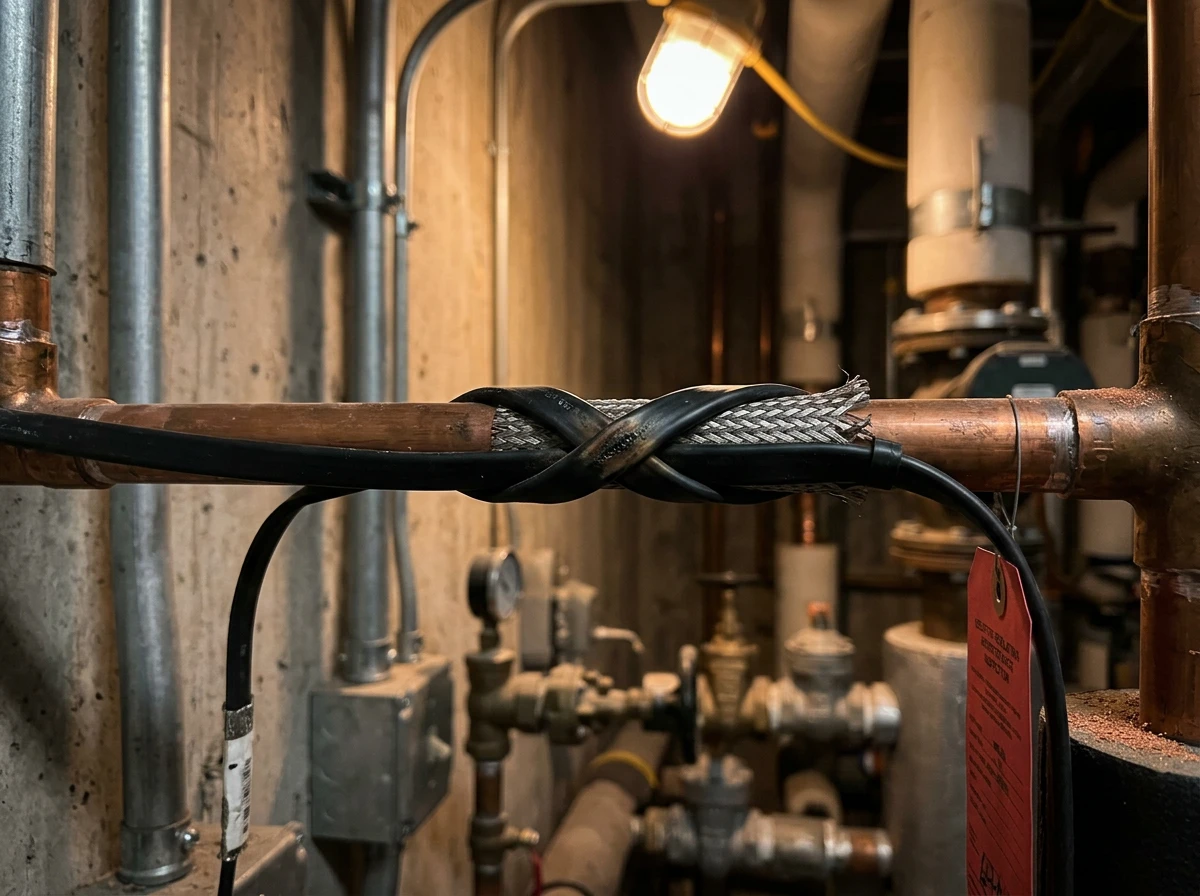 Improperly crossed self regulating heat tape wrapped tightly around a copper pipe in a utility room setup