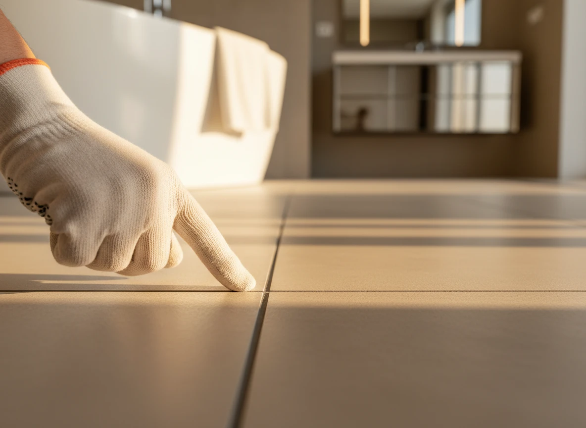 A gloved hand pointing at tile grout in bathroom floor heating solutions for modern interiors.