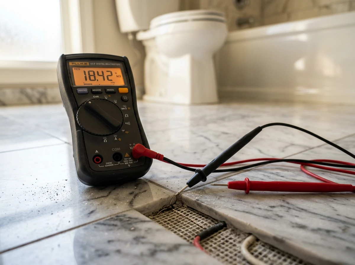 A digital multimeter testing an electric radiant floor heating system during bathroom floor heating troubleshooting.