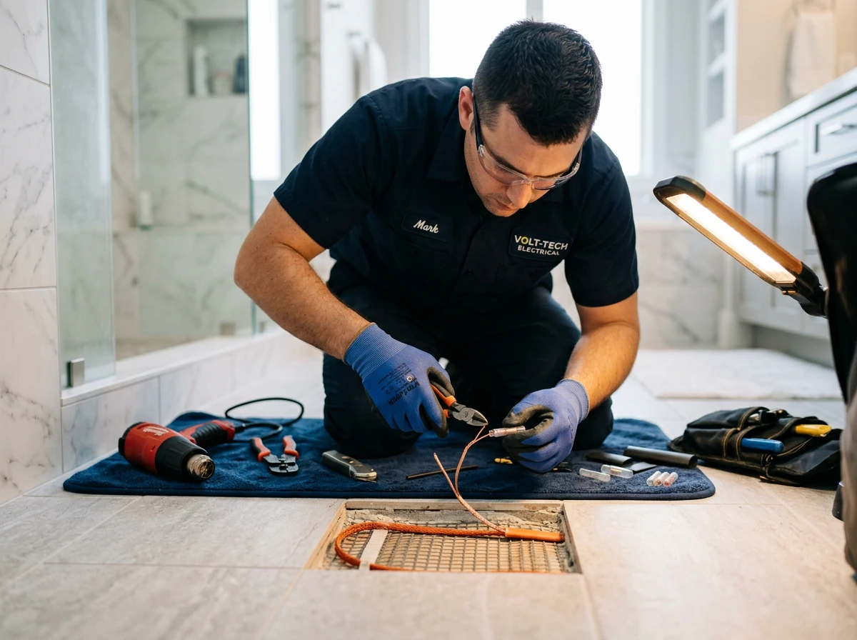 A technician repairing a floor heating mat as part of essential electric floor heating systems maintenance.