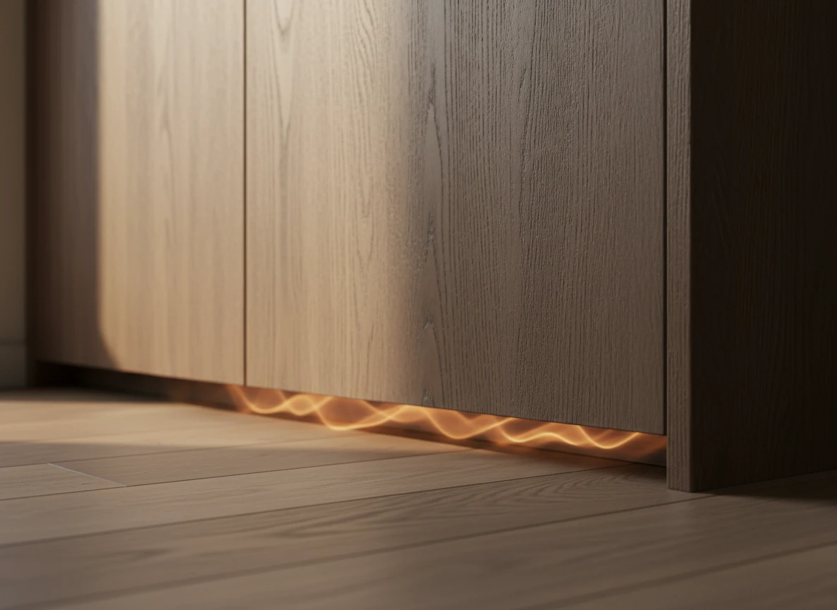 Close-up of a wooden wardrobe base with glowing radiant floor heating systems trapped below.