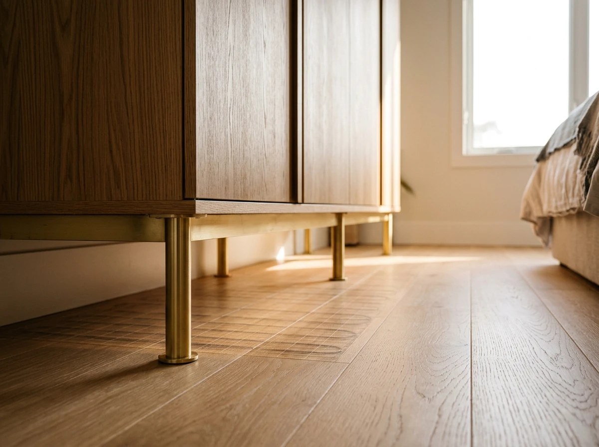 A heavy wooden wardrobe resting on a wooden floor where an electric floor heating system is installed.
