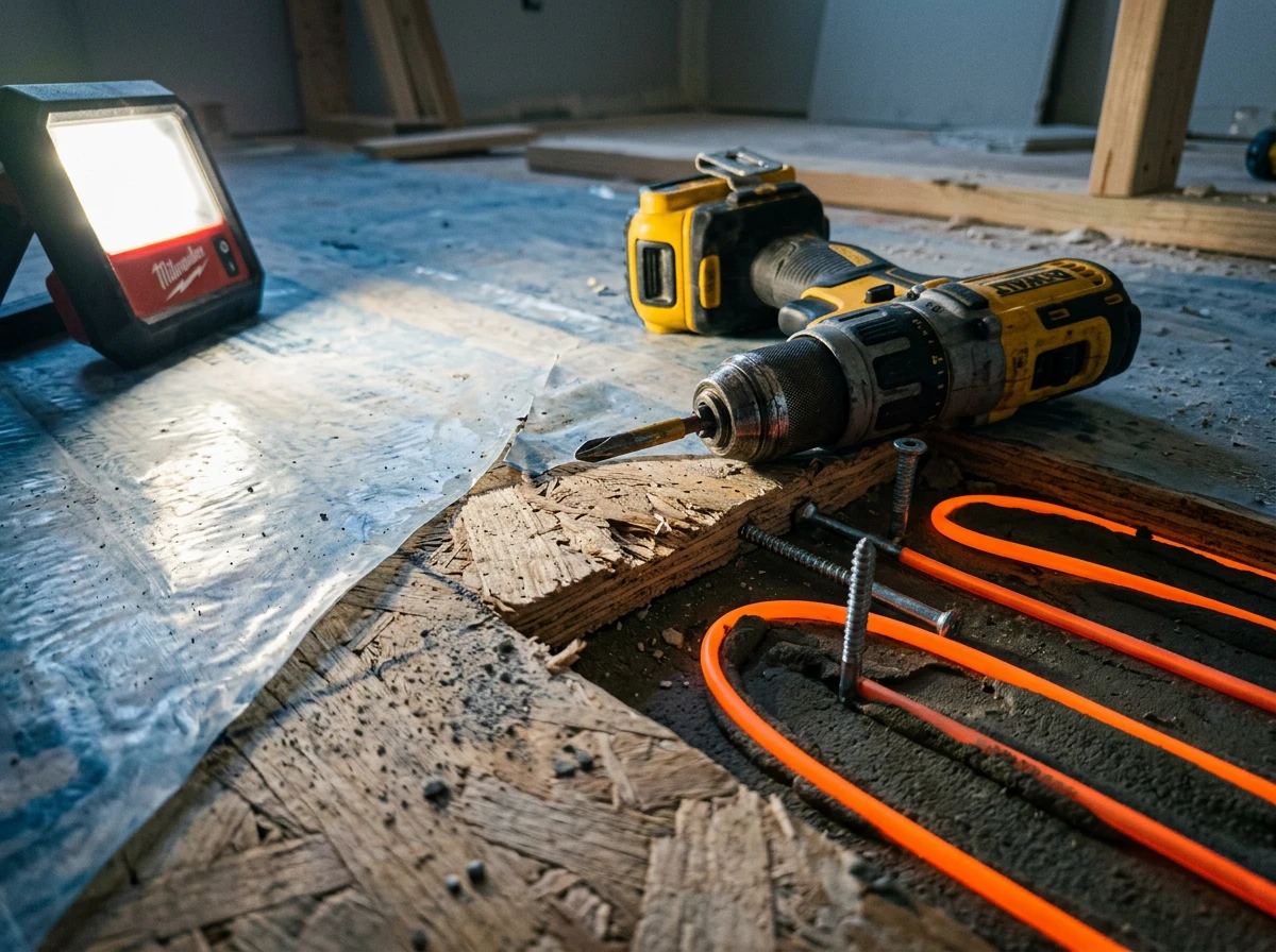 Close-up of bright orange electric underfloor heating wires visible beneath subflooring during installation.