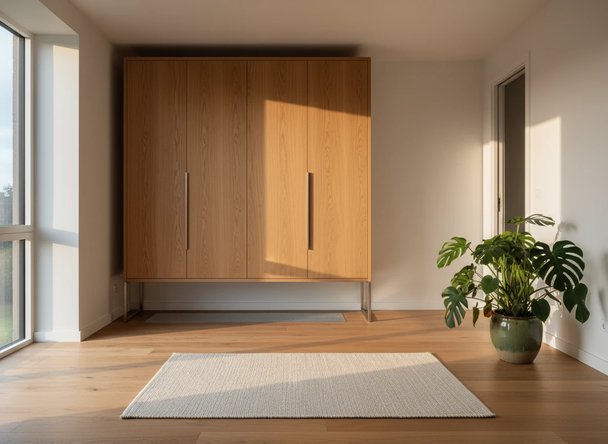 A heavy wooden wardrobe placed on wooden floors above electric floor heating systems.