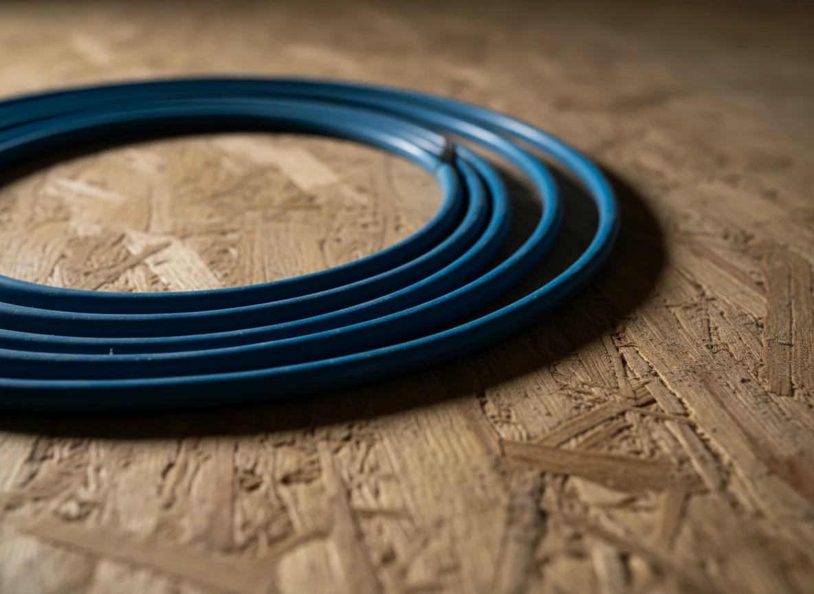 Close-up of a blue electric floor heating cable coiled on a textured plywood board.