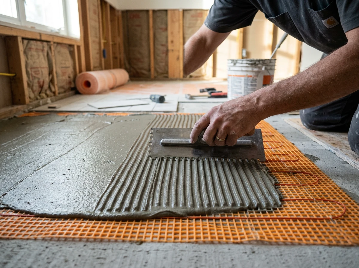 A worker using a notched trowel to spread thinset mortar over an electric floor heating mat during a bathroom remodel.