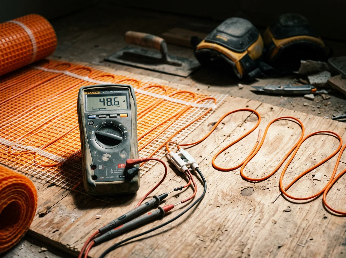 A digital multimeter testing an electric floor heating systems mat laid directly over a sheet of plywood subfloor.