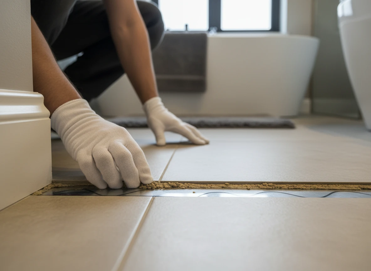 A gloved technician inspecting an underfloor heating system during bathroom floor heating maintenance.