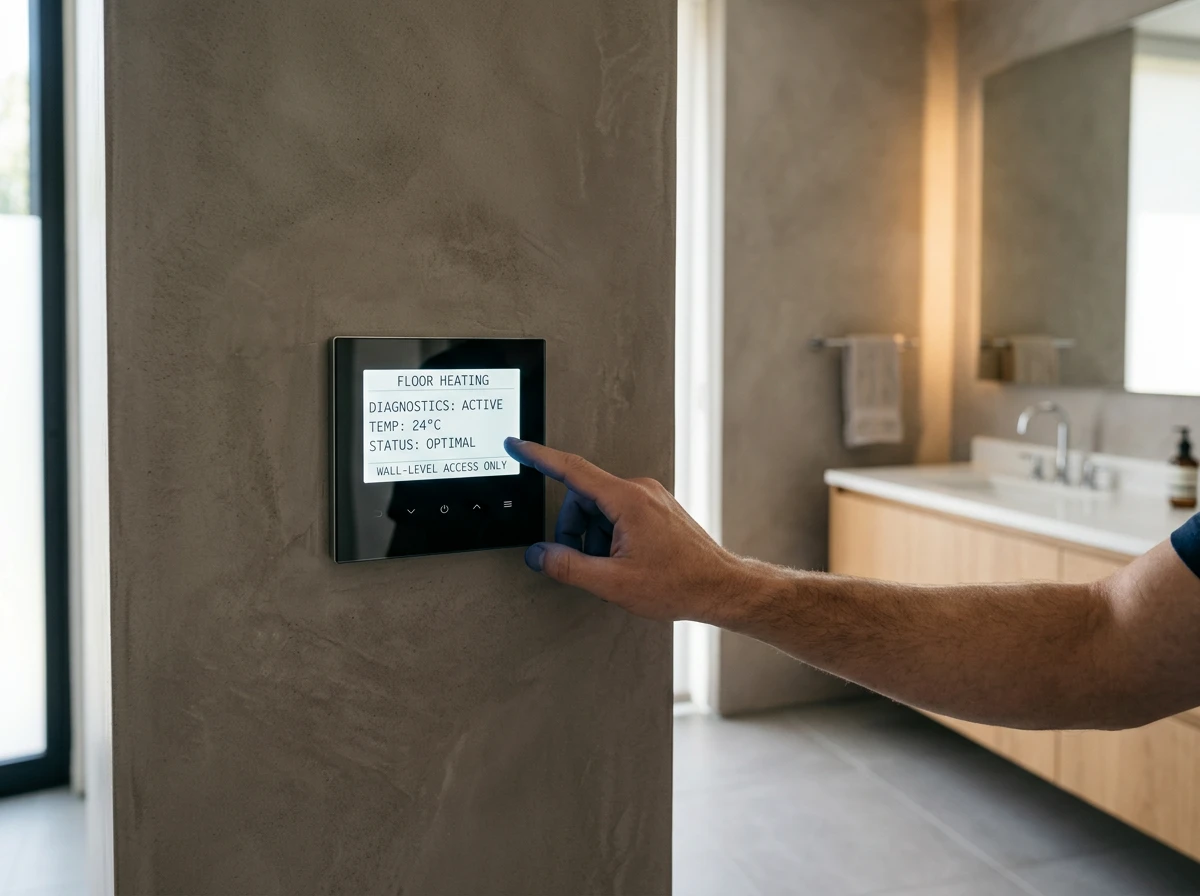 A person uses a wall thermostat to check electric floor heating systems in a modern bathroom.