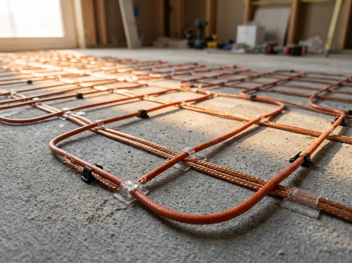An underfloor heating system being installed with orange heating wires on concrete subflooring.