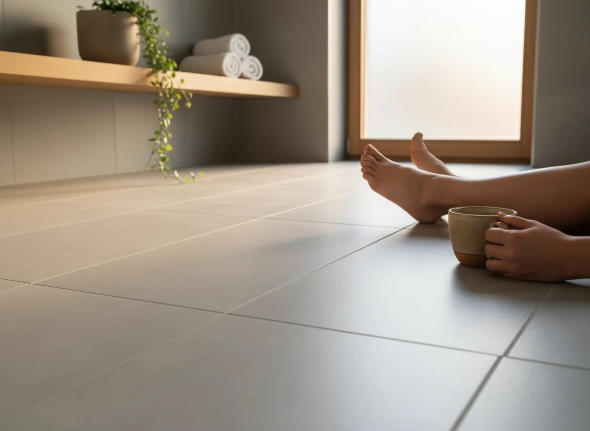 Bare feet relaxing on warm tile powered by bathroom floor heating solutions.