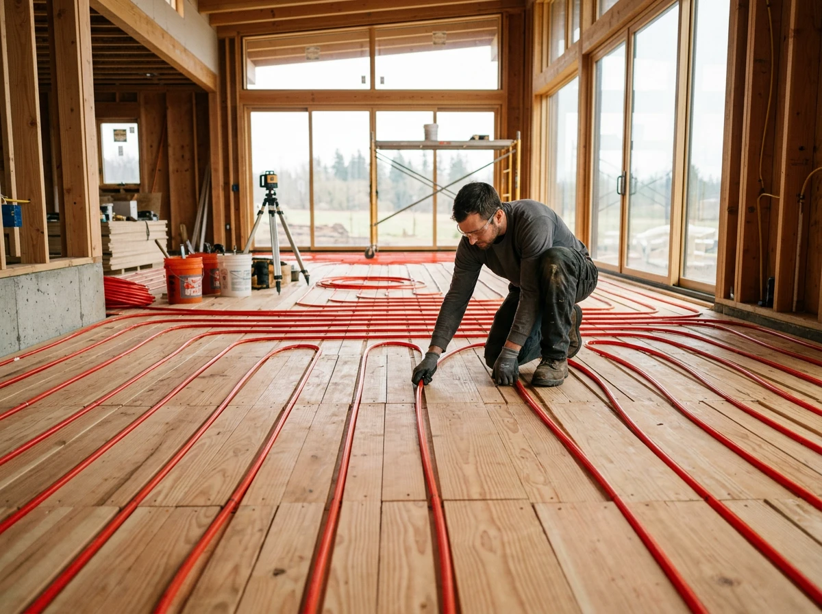 A technician installing radiant floor heating by laying red tubing on a wooden subfloor during construction.
