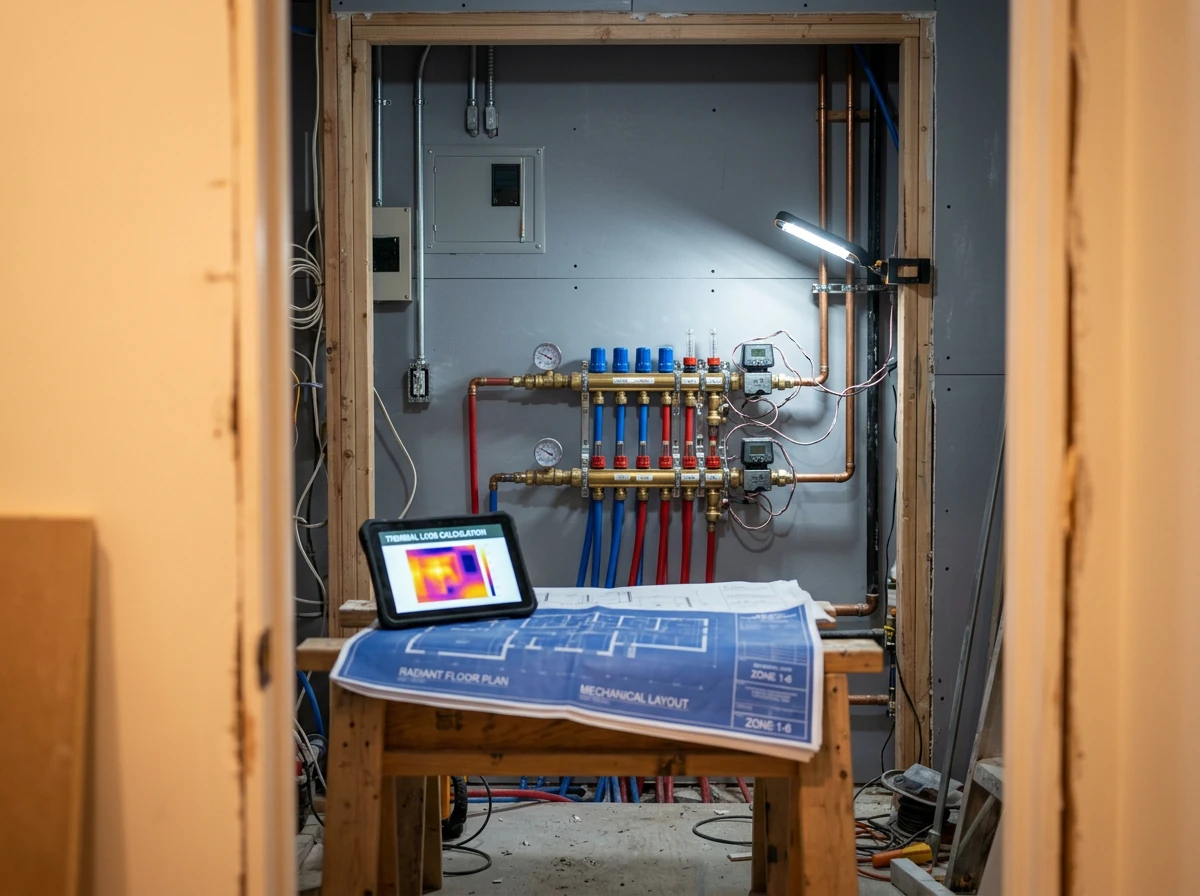 A mechanical layout blueprint and thermal tablet resting on a workbench before hydronic radiant floor heating installation.