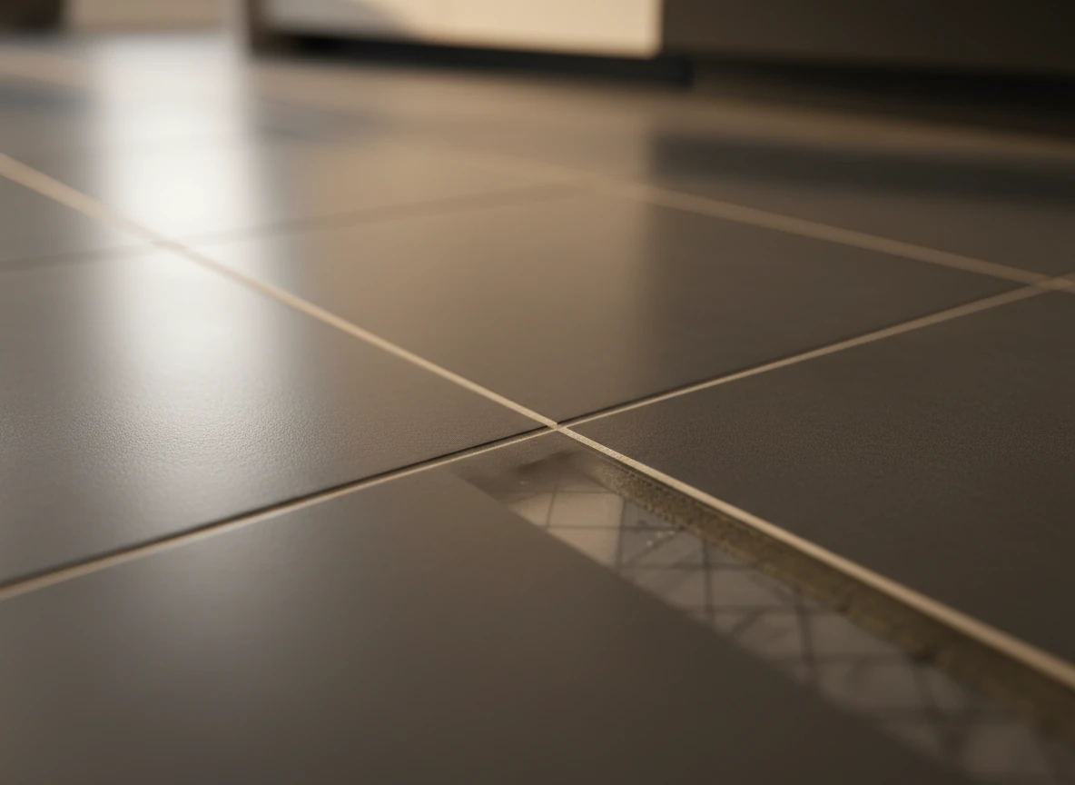 Close-up of newly installed dark ceramic tiles showing an exposed underfloor heating system underneath.