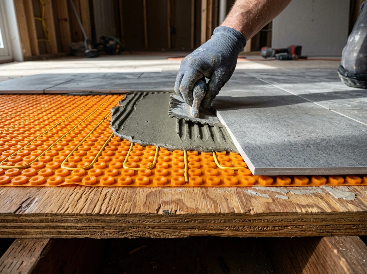 A worker applying mortar over a floor heating mat during an electric underfloor heating system installation.