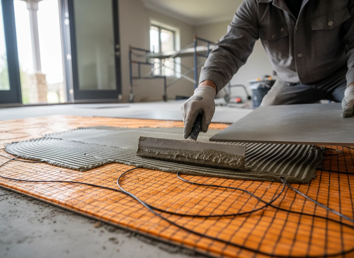 A contractor installing tiles on top of electric radiant floor heating solutions in a home remodel.