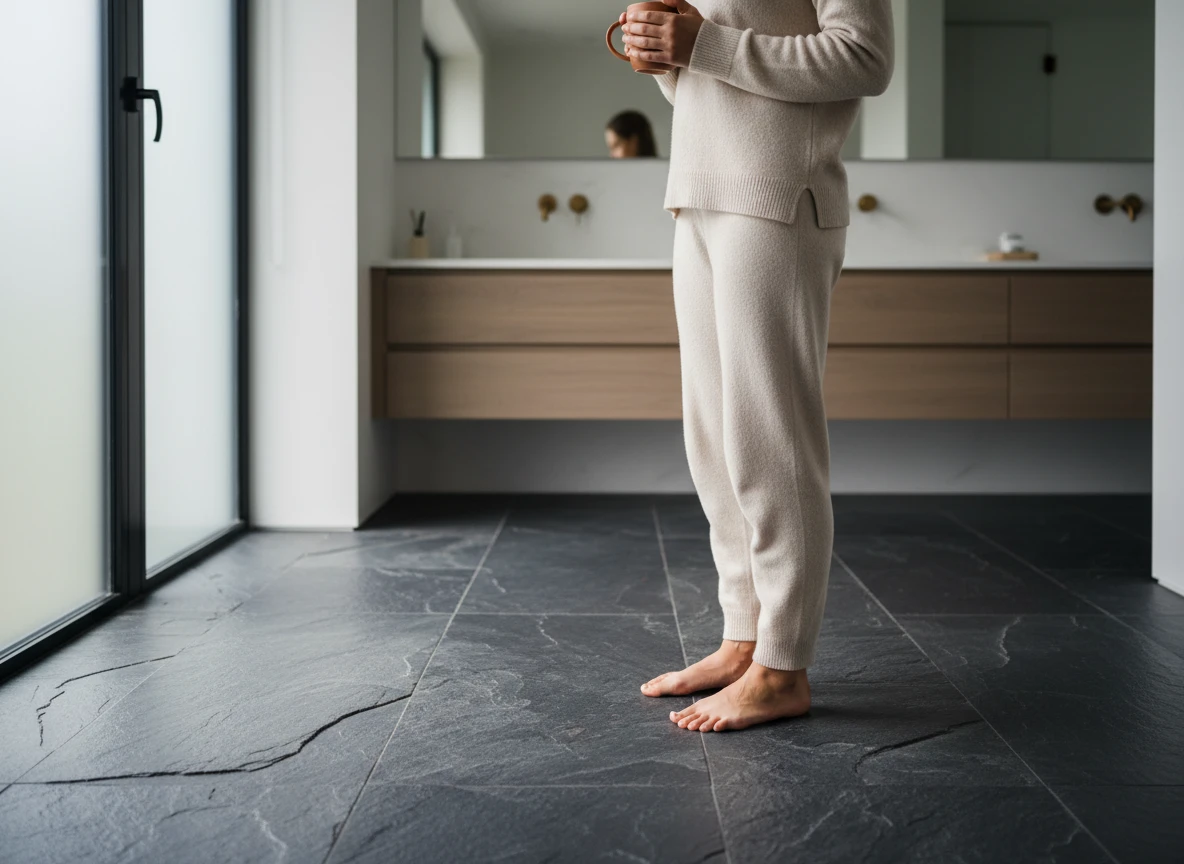 Barefoot person standing on dark tile floor heating powered by electric floor heating.