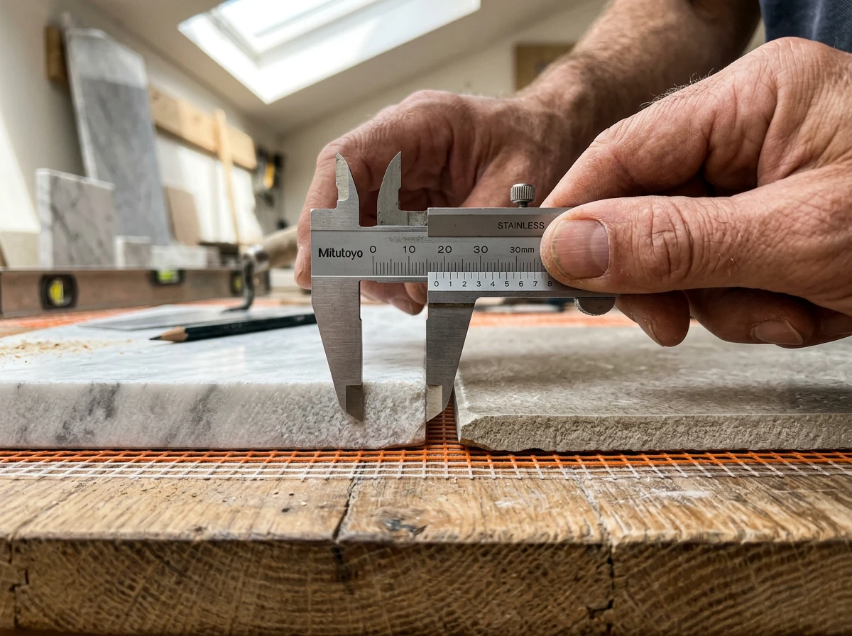 A close-up of hands using a metal caliper to measure stone tile thickness for bathroom floor heating installation.