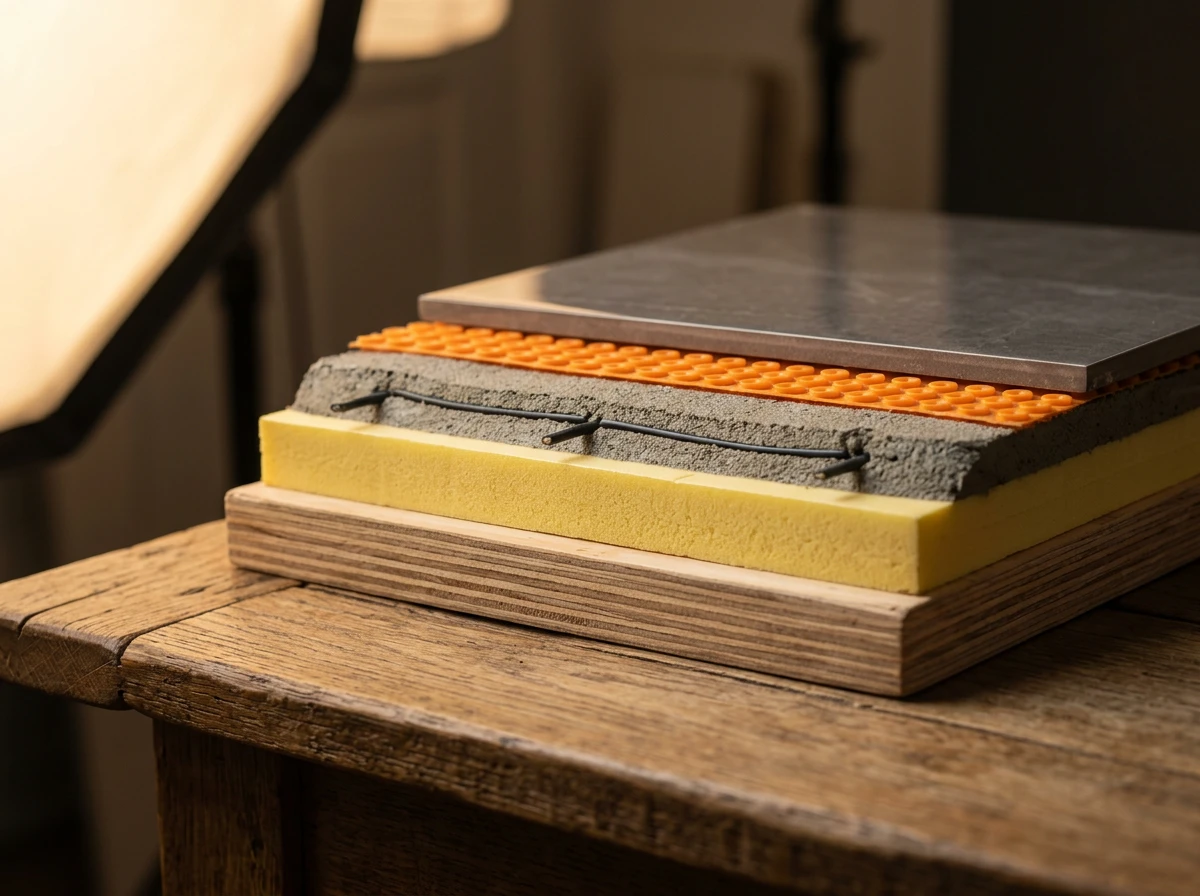 A cross-section model showing layers of an electric floor heating system beneath tile floor heating setups.