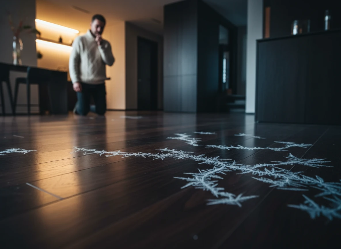 A man looking at cold floor spots and frost on an underfloor heating system during hydronic heating troubleshooting.