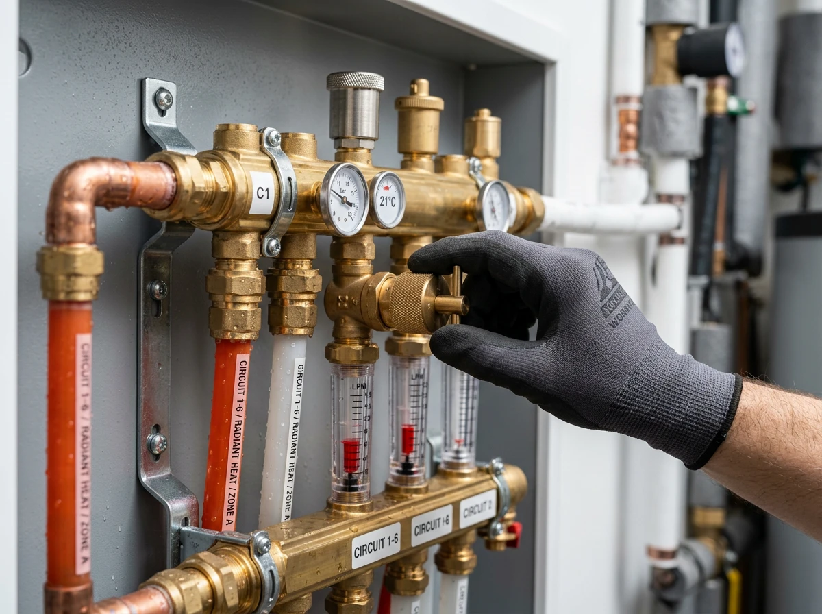 A technician adjusts a brass manifold during hydronic heating troubleshooting for underfloor heating system repairs.