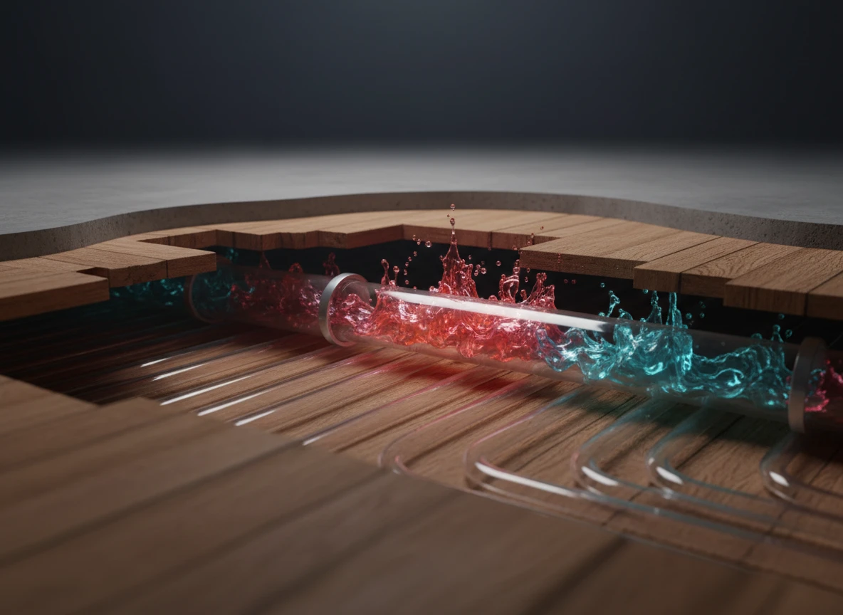 Cutaway view of radiant floor heating systems showing hot and cold water mixing beneath wooden flooring.