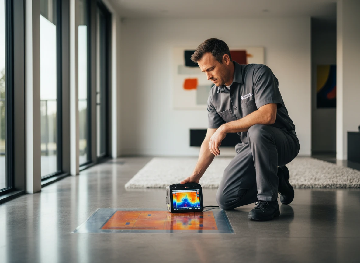 Technician performing hydronic heating troubleshooting on cold floor spots using a thermal camera.