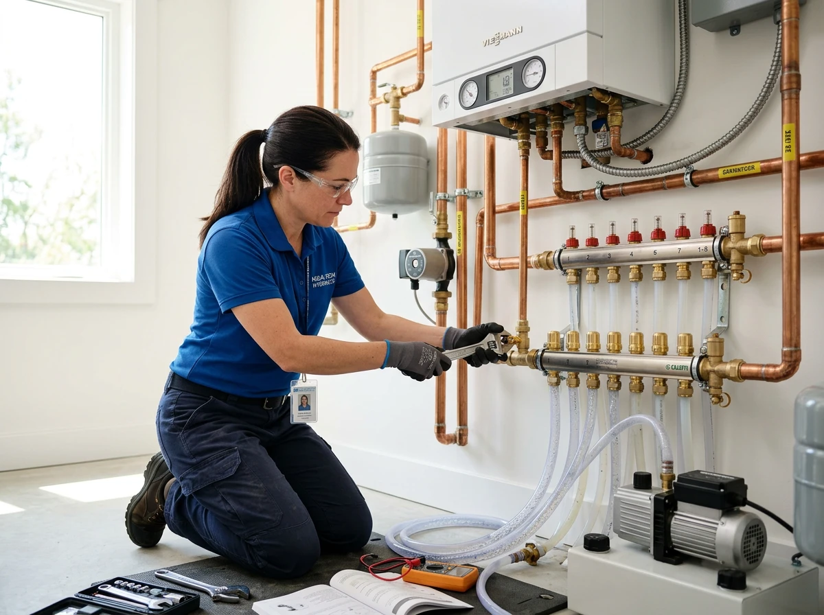A technician performs routine hydronic heating maintenance on complex manifold pipes and radiant heat boiler servicing.