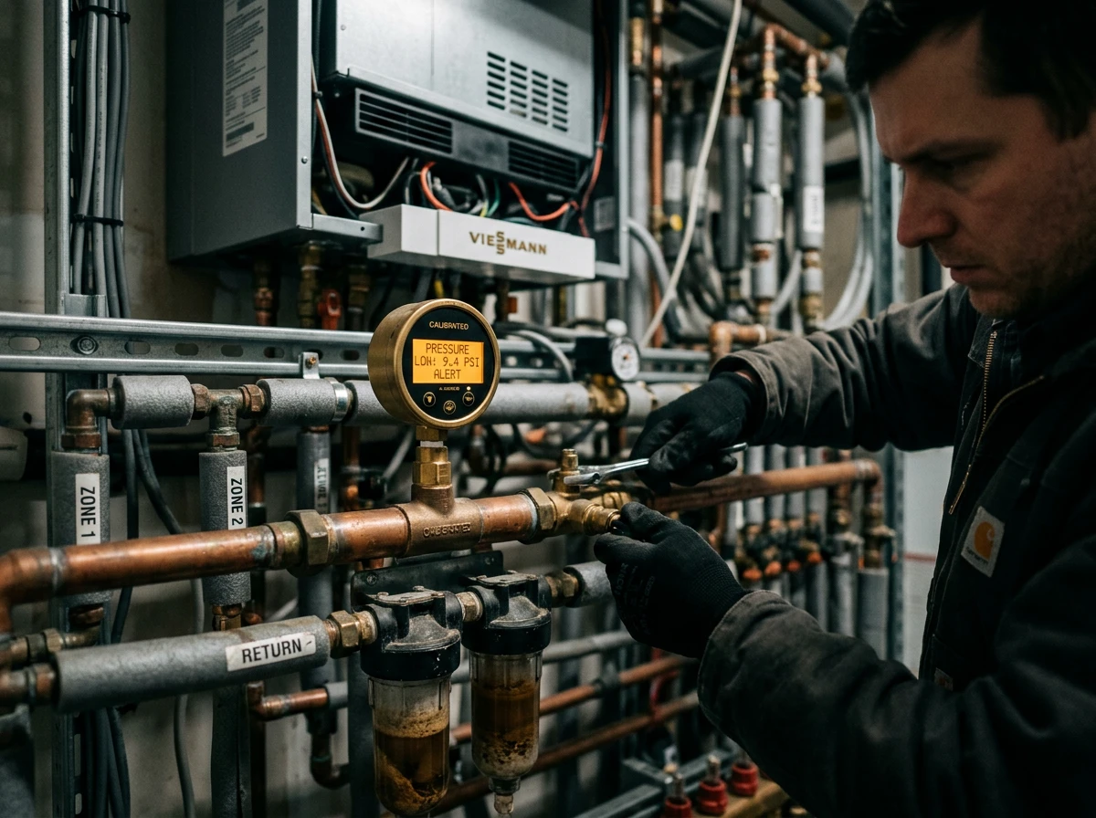 A worker inspects underfloor heating system care issues while diagnosing radiant floor heating problems on copper pipes.