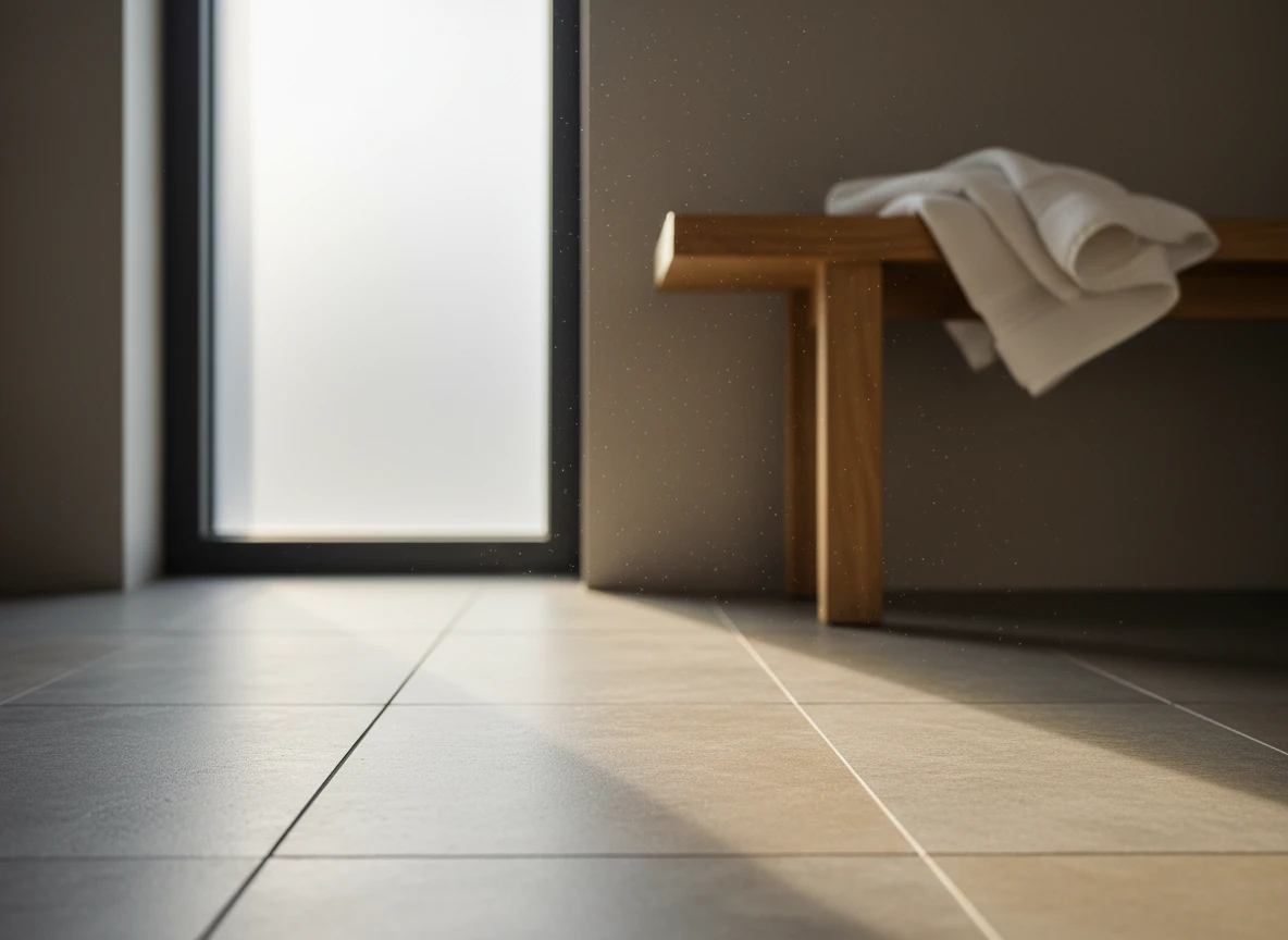 Modern tiled bathroom featuring radiant floor heating systems and a wooden bench with towels.