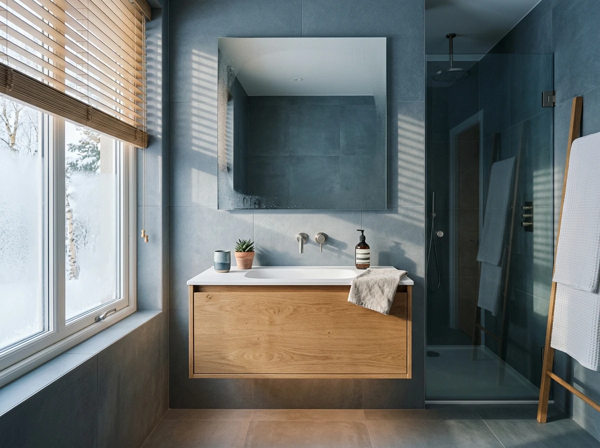 Modern bathroom with tile walls, a floating wooden vanity, and bathroom floor heating dry skin benefits.