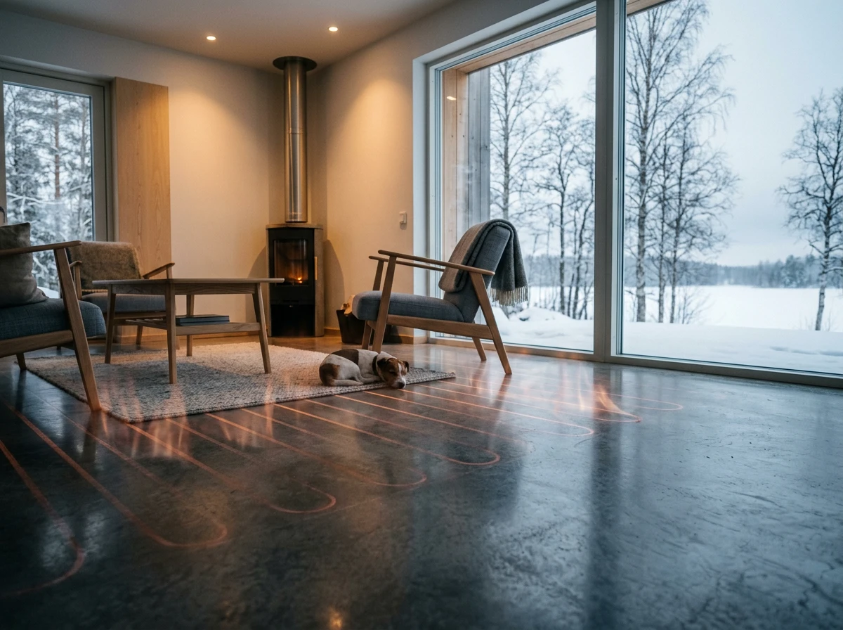 Cozy living room with radiant floor heating systems showing glowing heating coils beneath concrete.