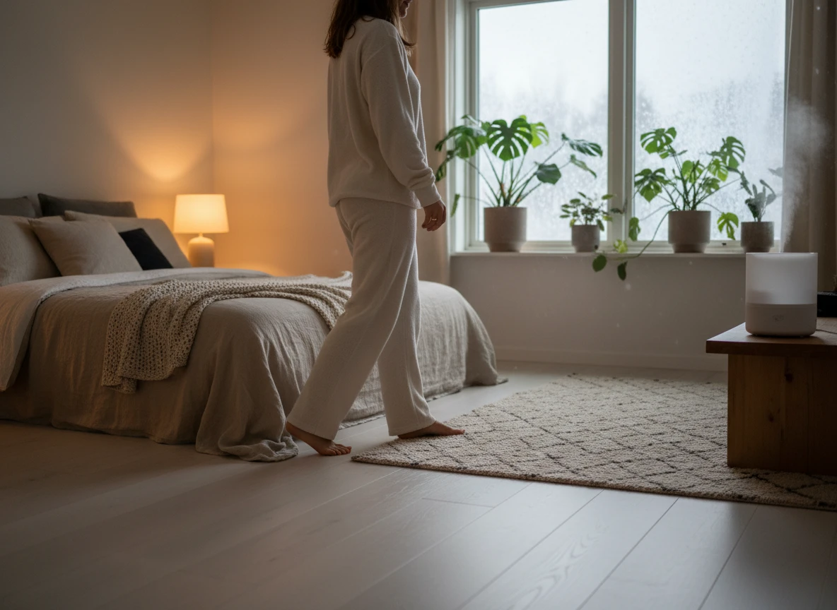 A barefoot woman walking on a warm floor heated by electric underfloor systems while a humidifier balances indoor humidity.