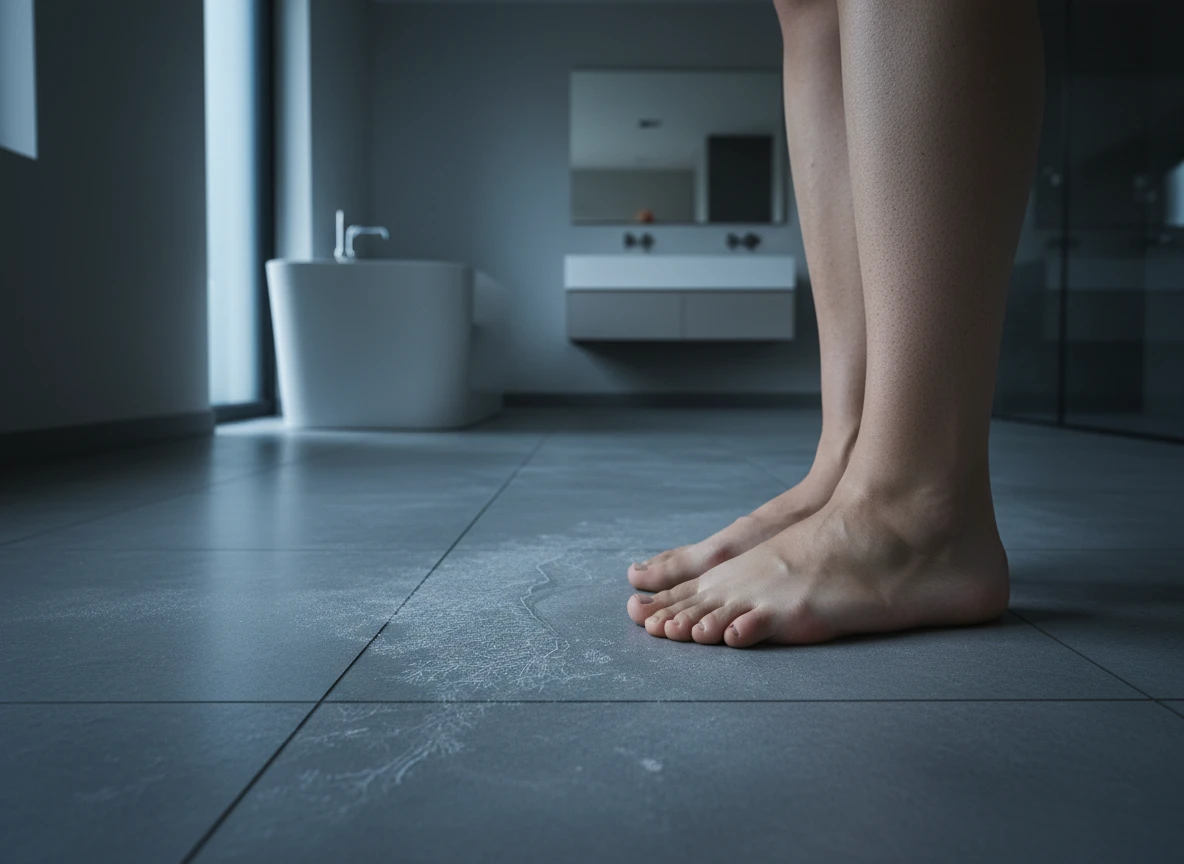 Bare feet standing on cold tiles experiencing bathroom floor heating failure.