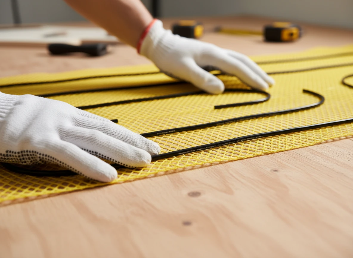 Gloved hands carefully unrolling a yellow floor heating mat for an electric floor heating installation.