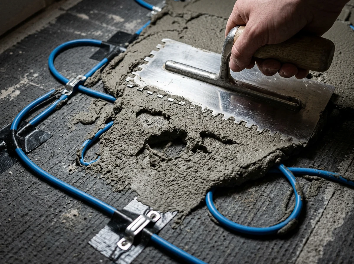 A worker using a trowel to apply mortar over radiant floor heating systems cables during installation.
